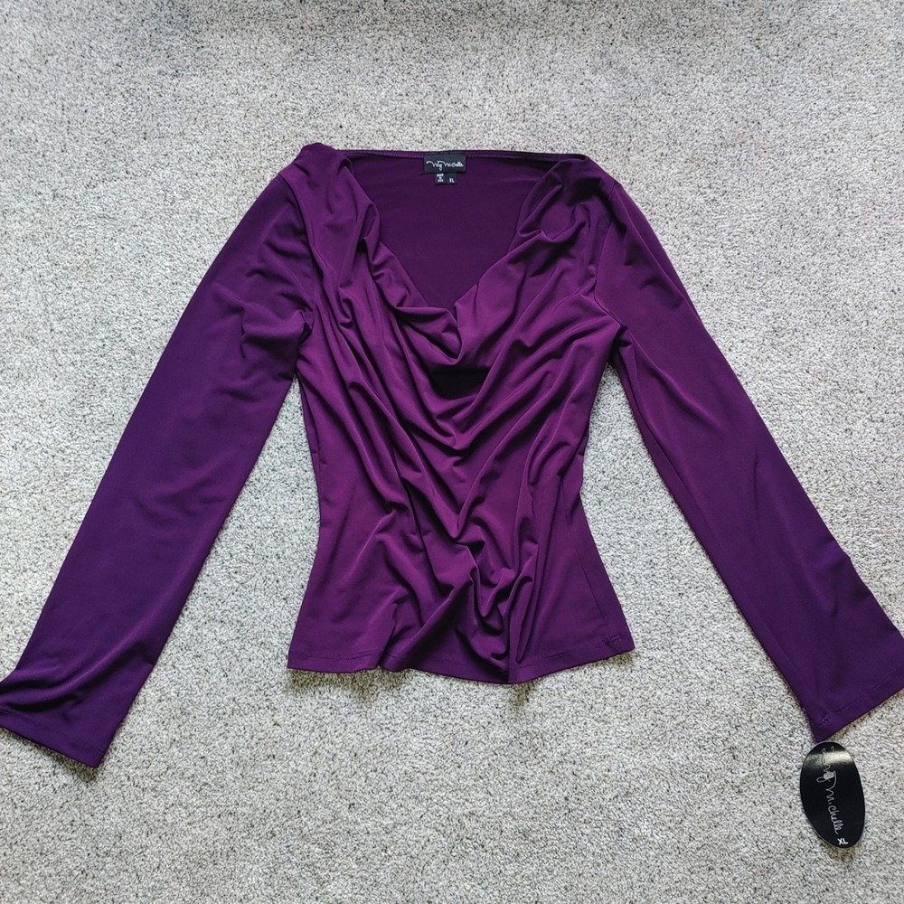 New Gorpcore Purple Cowl Neck Long Sleeve Top Y2K Babydoll Blouse XL Made in USA
